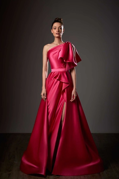 Ziad Germanos Draped One Shoulder A-line Slit Gown