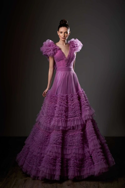 Ziad Germanos Ruffled V-neck A-line Gown In Purple
