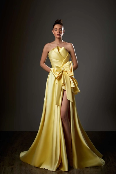 Ziad Germanos Satin Sculpted Bow Slit Gown