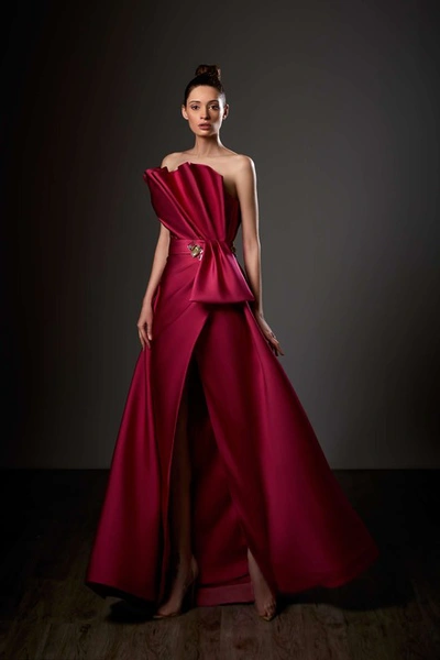 Ziad Germanos Sculpted Bodice A-line Slit Gown