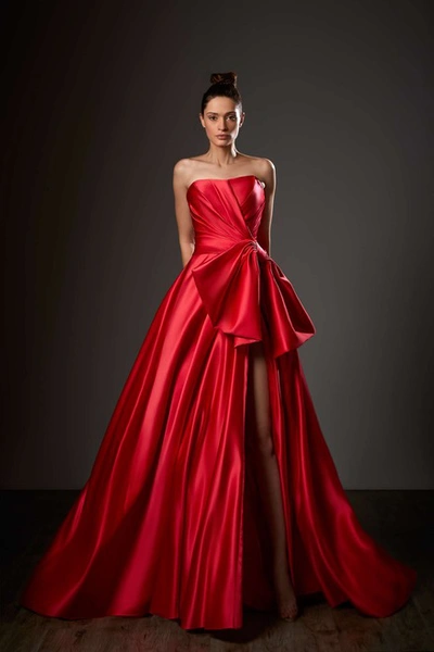 Ziad Germanos Strapless Sculpted Bow A-line Slit Gown