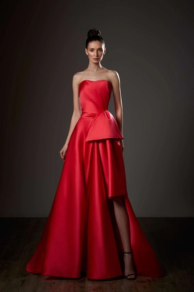 Ziad Germanos Sweetheart Neck Draped A-line Slit Gown