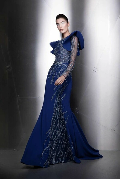 Ziad Nakad Embellished Long Sleeve Fit And Flare Gown