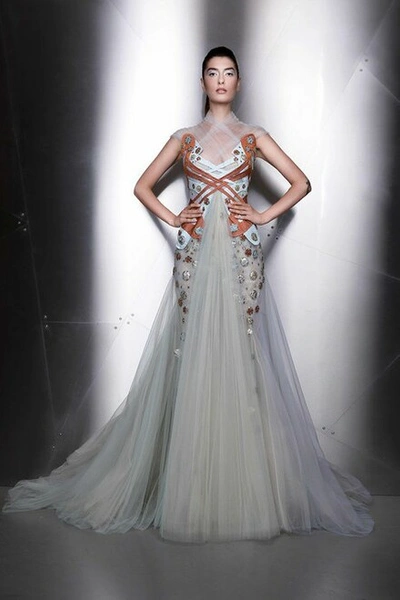 Ziad Nakad High Neck Cap Sleeve Tulle Gown