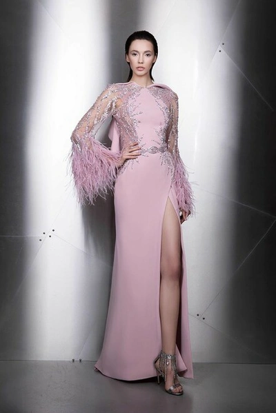 Ziad Nakad Long Sleeve Feathered Slit Gown In Pink