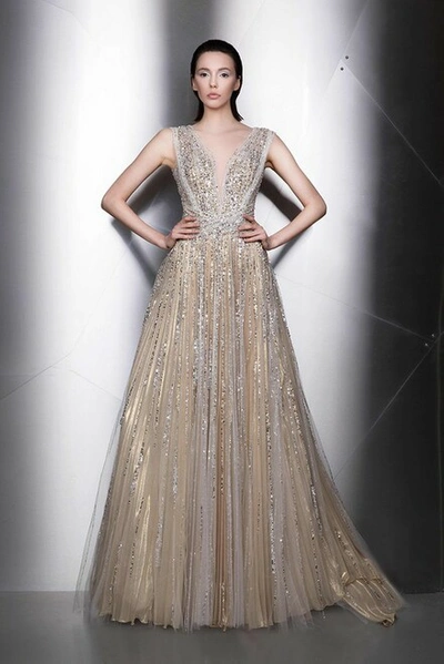 Ziad Nakad Plunging Neck Embellished Sleeveless Gown