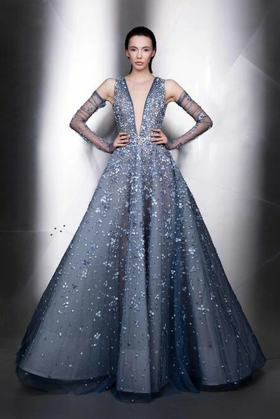 Ziad Nakad Plunging Neck Sleeveless A-line Ball Gown