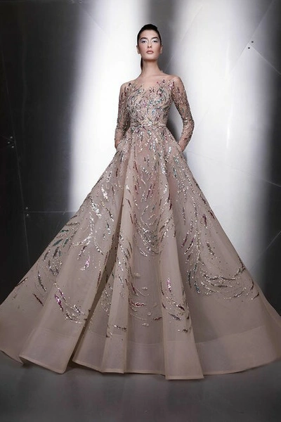 Ziad Nakad Illusion Neck Long Sleeve Gown