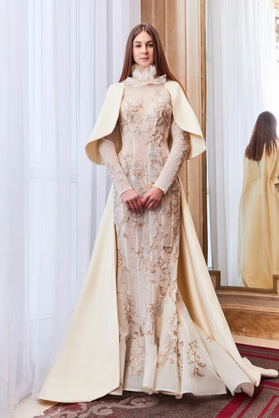 Gatti Nolli By Marwan Long Sleeve Fitted Cape Gown