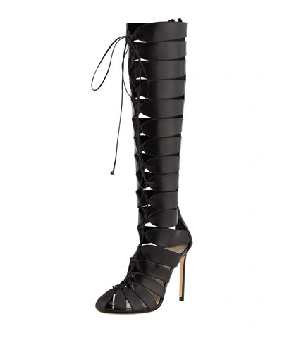 Francesco Russo Lace-up Gladiator Knee Boot In Black
