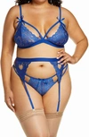 Mapalé Heart Lace Bra, Thong And Garter Belt In Royal Blue