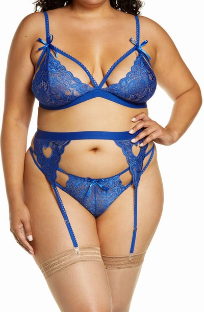 Mapalé Heart Lace Bra, Thong And Garter Belt In Royal Blue