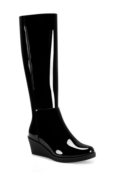 Aerosoles Brenna Knee High Wedge Boot In Black Faux Patent Leather