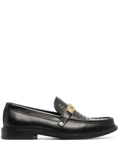 Moschino Logo Plaque Perforated Loafers In Black