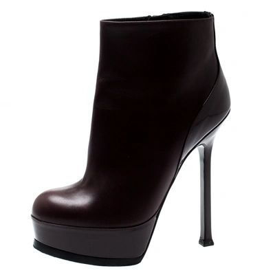 Pre-owned Saint Laurent Burgundy Leather Platform Ankle Booties Size 36