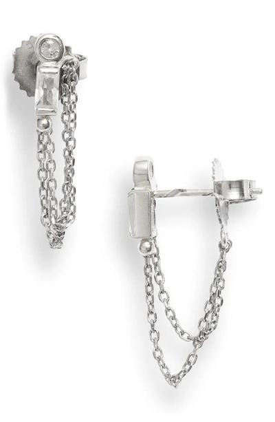 Anzie White Topaz Baguette Chain Detail Stud Earrings In Silver