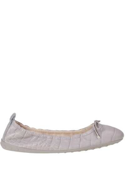 Tod's Crocodile Print Leather Ballerinas In Light Grey