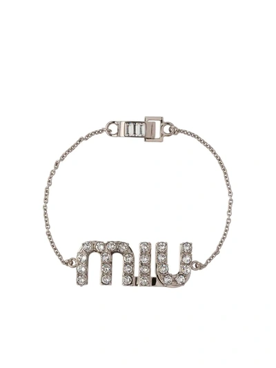 Miu Miu Crystal-embellished Logo Bracelet In Silver