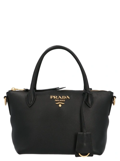 Prada Logo Plaque Shoulder Bag In Black