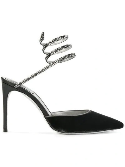 René Caovilla Embellished Coil Anklet Satin And Velvet Pumps In Dark Grey