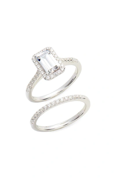 Lafonn Emerald Cut Halo Engagement Ring & Wedding Band Set In Silver/ Clear