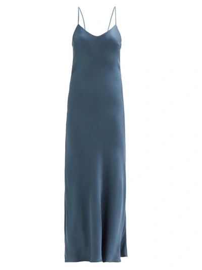 Asceno Lyon Petrol Blue Bamboo Satin Slip Dress In Printed