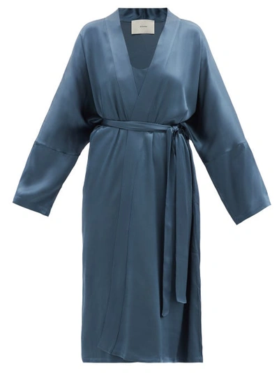 Asceno Athens Petrol Blue Sustainable Bamboo Satin Robe In Printed