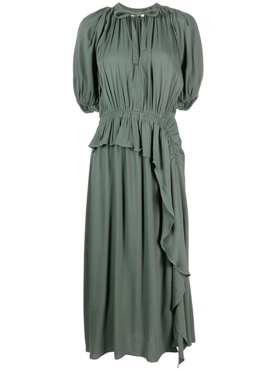 Ulla Johnson Leah Draped Ruffled Crepe Midi Dress In Gray Green