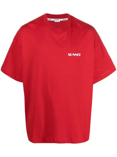 Sunnei Logo Printed Cotton Crewneck T-shirt In Red