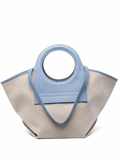 Hereu Cala' Circular Leather Handle Small Canvas Tote In Neutral,blue