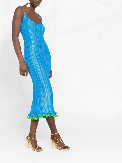 Versace Bicolor Plisse Satin Midi Dress W/ Strap Buckles In Turquoise