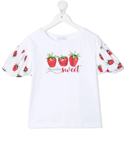 Monnalisa Kids' Strawberry Print Cotton Jersey T-shirt In White