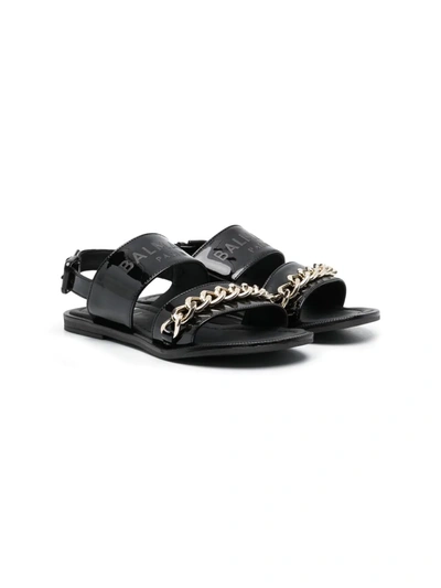 Balmain Teen Chain-trim Logo Leather Sandals In Black