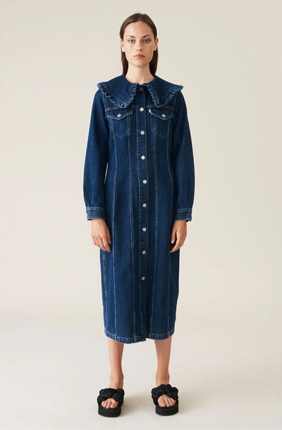 Ganni Navy Levi's Edition Denim Button Down Collar Dress In Blue