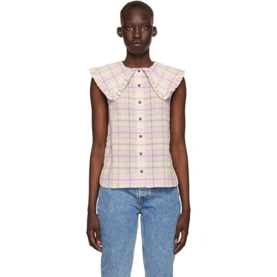 Ganni Ruffled Checked Organic Cotton-blend Seersucker Blouse In 724 Orchid  Bloom | ModeSens
