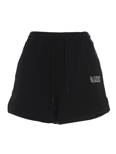Ganni Software Isoli Embroidered Cotton-blend Jersey Shorts In Black