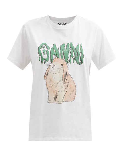 Ganni Bunny Logo-print Cotton-jersey T-shirt In White | ModeSens