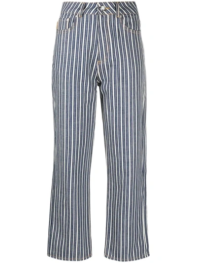 Ganni Mixed Stripe High Waisted Cropped Jeans Dark Indigo In Blue
