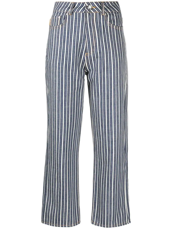Ganni Mixed Stripe High Waisted Cropped Jeans Dark Indigo In Blue | ModeSens