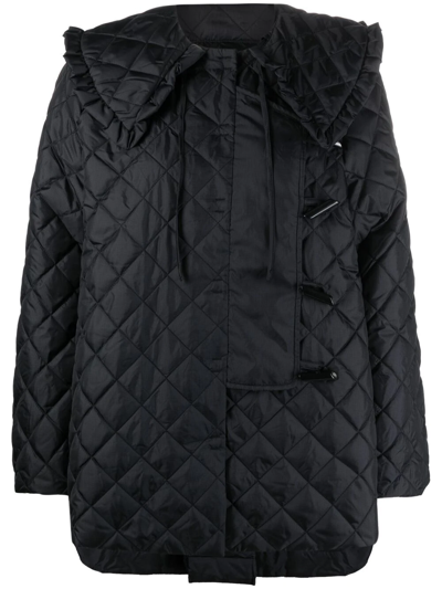 Ganni Ruffled-collar Quilted Recycled-fibre Ripstop Coat In Black