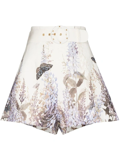 Zimmermann Luminous Floral-print Belted Linen Shorts In White,purple,brown
