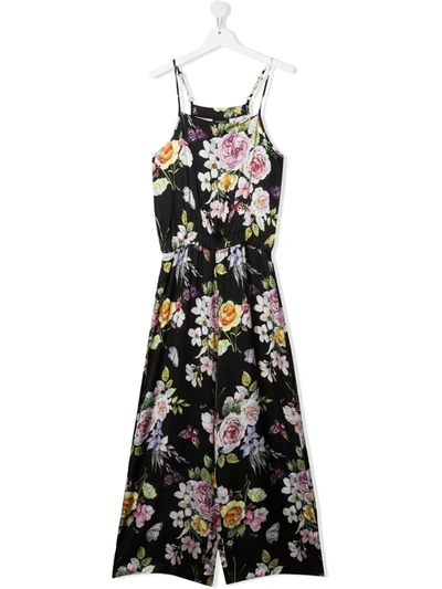 Monnalisa Teen Floral-print Sleeveless Jumpsuit In Nero
