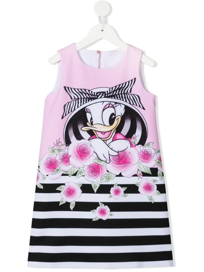 Monnalisa Kids' Daisy Duck Print Sleeveless Crepe Dress In Multicolor
