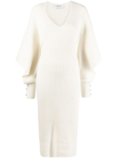Lanvin Cutout Embellished Ribbed Wool And Cashmere-blend Midi Dress In Off White