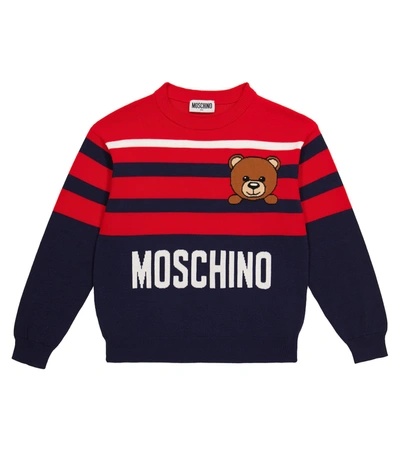 Moschino Kids' Jacquard Logo Stripe Knit Jumper In Red,navy