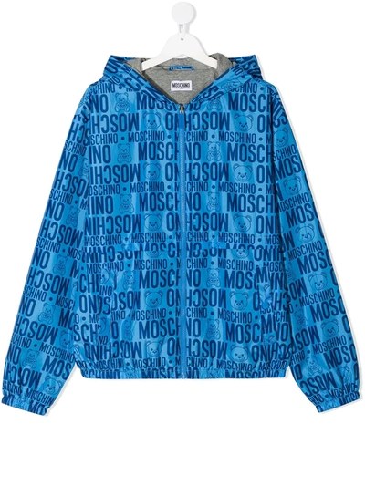 Moschino Kids' All Over Print Nylon Hooded Jacket In Blue