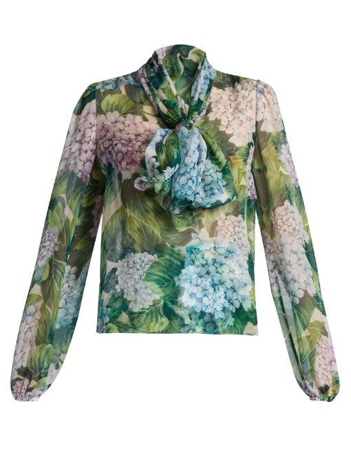 Dolce & Gabbana Hydrangea-print Tie-neck Silk-chiffon Blouse In Green ...