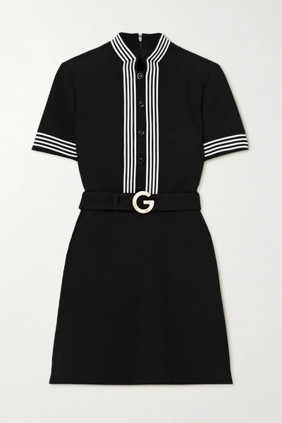 Gucci Belted Striped Wool-crepe Mini Dress In Black | ModeSens