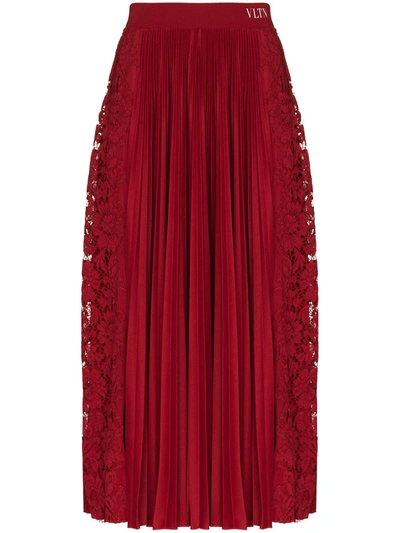 Valentino Pleated Tech Jersey & Lace Skirt In Red