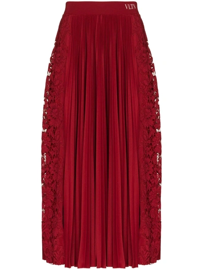 Valentino Red Pleated Lace-trimmed Jersey Midi Skirt